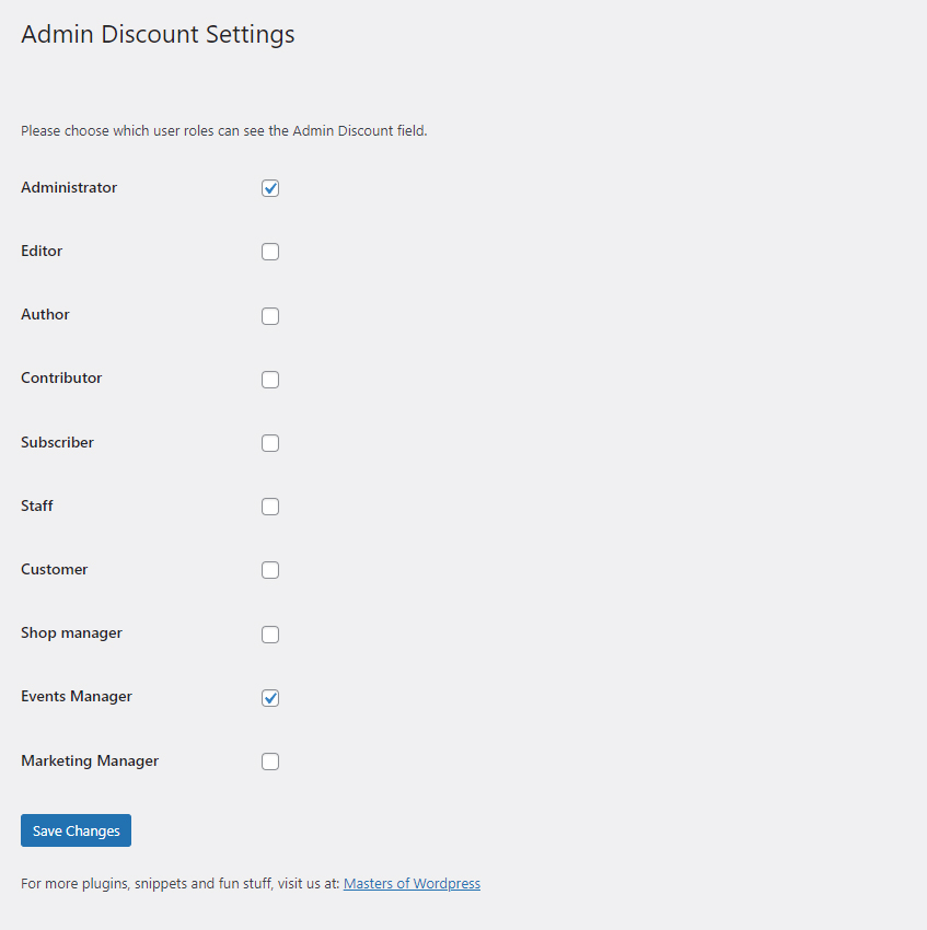 Admin Discount plugin settings